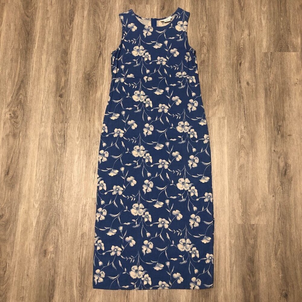 Vintage Linen Blend Maxi Dress Blue White Floral Women's Size 12 Made In USA